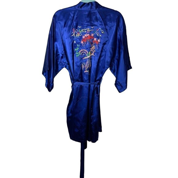 Health Womens Robe Blue Size Small Vintage Hand Embroidered Pure Rayon Satin - Picture 1 of 16